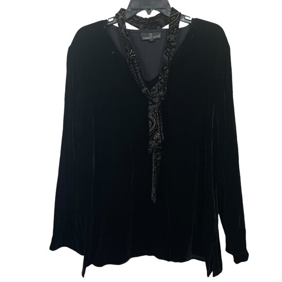 Vintage Carole Little Top Blouse XL Black Velvet Tie Neck Gold Silk Blend USA - Picture 1 of 11